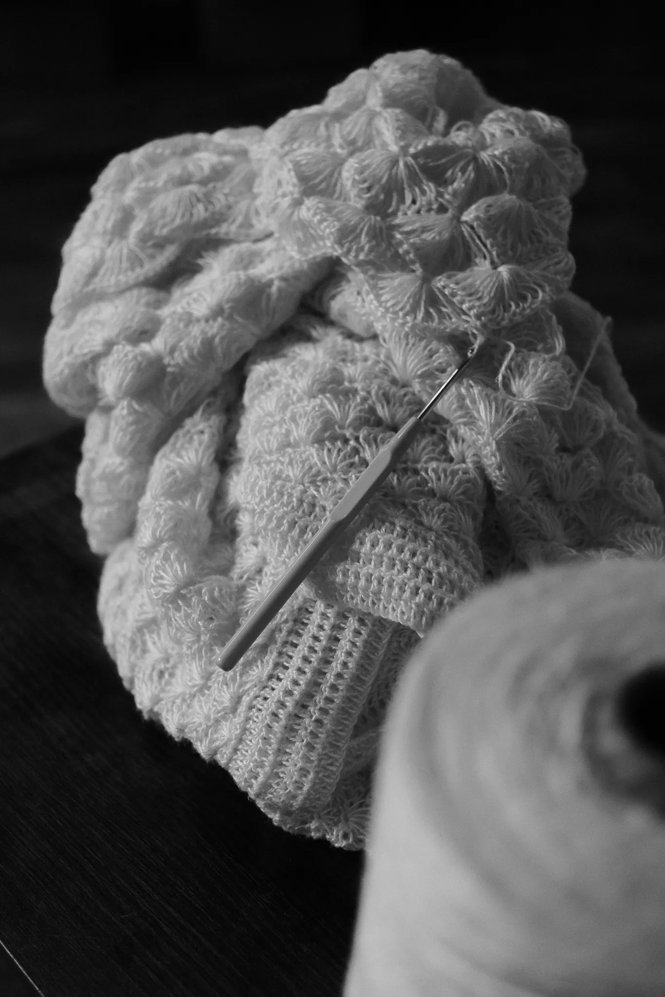 Black and white close-up detail of a crochet hook resting on a textured Looking Friday hand-crocheted garment.